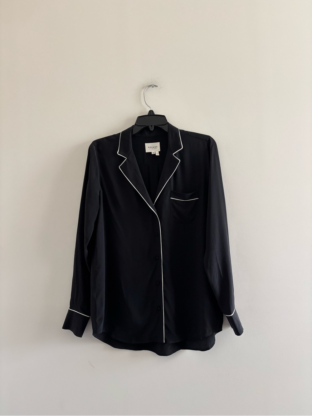 Sezane Elisa Blouse Silk Black White Piping Button Up Top Long Sleeve Womens 38